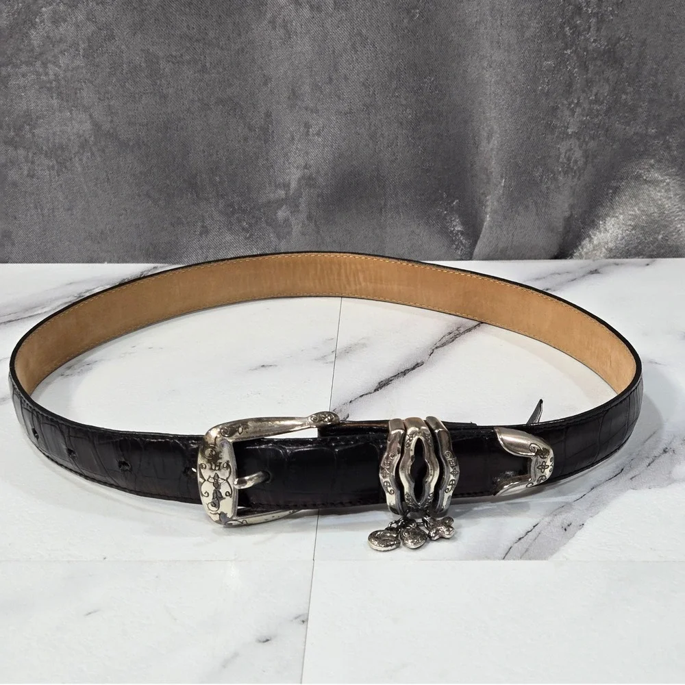 Brighton Belt Womens S 28 Black Croco Embossed Leather Silver Charms Classic